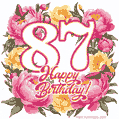 Animated 87th birthday GIF featuring a wreath of beautiful peonies, perfect for her special day