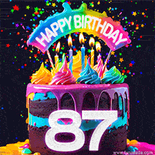 Chocolate cake with cyan layers, pink dressing and a big number 87 adorned with vibrant multicolored frosting, lit candles, and a rainbow topper with text that says 'Happy Birthday'. Animated colorful confetti move behind the cake.
