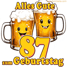 Zwei lustige Bierkrüge mit fröhlichen Gesichtern hüpfen auf und ab. Der Text lautet 'Alles Gute zum 87. Geburtstag'.
