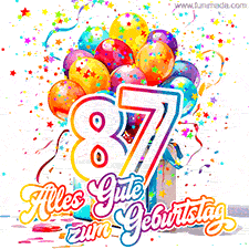 Ein lebendiges Geburtstags-GIF mit bunten Ballons, animiertem Konfetti, der Zahl 87 und den Worten 'Alles Gute zum Geburtstag' in dekorativer Schriftart.