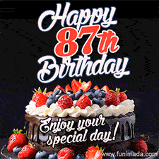 A birthday greeting card image. It features a chocolate cake with berries and the text 'Happy 87th Birthday. Enjoy your special day!'