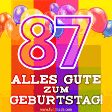 Große Zahl 35 in Umrissschrift, die Worte 'Alles Gute zum 87. Geburtstag', mehrfarbige animierte Ballons und lebendiger Hintergrund.