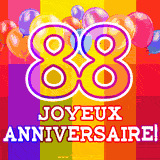 GIF animé 88 ans avec des ballons colorés, un grand chiffre 88 et 'Joyeux Anniversaire!' sur un fond éclatant.