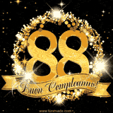 Il numero 88 è circondato da un anello dorato brillante, accompagnato da un nastro elegante con la scritta 'Buon Compleanno!' su uno sfondo scuro.
