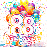Animazione con palloncini colorati e scintillanti, accompagnata dal numero 88 in caratteri grandi e luminosi, e la scritta 'Tanti Auguri!' in stile vivace.