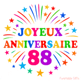 GIF animé joyeux anniversaire 88 ans avec étoiles multicolores et feu d’artifice