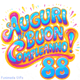GIF animata con la scritta 'Auguri di Buon Compleanno 88' in colori vivaci e stile artistico festoso.