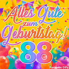 Eine festliche Animation zum 88. Geburtstag, Die Worte 'Alles Gute zum Geburtstag' und die Zahl '88' sind in einer bunten Schriftart gehalten, umgeben von Partyballons und Konfetti.