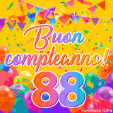 Un GIF animato per un 88° compleanno, Presenta il testo 'Buon Compleanno 88' su uno sfondo giallo vivo con palloncini colorati, festoni e una pioggia di coriandoli.