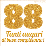 GIF animata per un 88° compleanno, Mostra il numero 88 in grandi caratteri dorati pieni di glitter scintillante, Sotto, la scritta 'Tanti auguri di buon compleanno!' in un elegante oro.