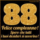 Un GIF animato per un 88° compleanno, Presenta il testo 'Buon Compleanno 88' su uno sfondo giallo vivo con palloncini colorati, festoni e una pioggia di coriandoli.