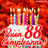 GIF animata per un 88° compleanno, Mostra una torta bianca con candeline colorate accese e coriandoli, di fronte a un muro di rose rosse, Il testo dice 'Buon 88 compleanno!'.