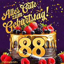 Eine köstlich aussehende animierte Geburtstagskarte für den 88. Geburtstag, dekoriert mit Erdbeeren, Blaubeeren und goldenen Details, Sterne funkeln und fallen, mit 'Alles Gute zum Geburtstag!'-Text.