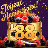 Une animation de célébration d'un gâteau de 88ème anniversaire, Des étoiles dorées tombent du ciel, mettant en valeur le texte 'Joyeux Anniversaire !' et le nombre doré 88 à l'avant du gâteau.
