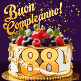 Un GIF animato di una bellissima torta per il 88° compleanno con glassa dorata e frutti di bosco freschi, Il numero dorato 88 è davanti, e stelle cadono su uno sfondo viola scuro.