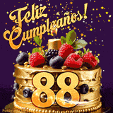 Una animación de celebración de una tarta para el 88º cumpleaños, Estrellas doradas caen del cielo, destacando el texto '¡Feliz Cumpleaños!' y el número dorado 88 en la tarta.