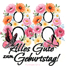 Ein florales GIF zum 88. Geburtstag. Die Zahl '88' ist von animierten Blumen und Schmetterlingen umgeben und bietet eine schöne und fröhliche Art, den Meilenstein zu feiern.