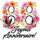 Ce GIF de Joyeux 88ème Anniversaire présente le nombre vingt rempli d'un bouquet vibrant de fleurs animées, avec des papillons qui bougent doucement sur un fond blanc.