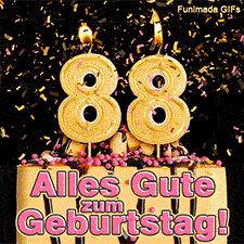 Ein Geburtstagskuchen mit Schokoguss und einer brennenden goldenen 88. Buntes Konfetti wirbelt herab. Aufschrift im Bild: Alles Gute zum Geburtstag! Doppel.