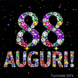 Immagine animata che mostra il numero 88 e Auguri in cristalli multicolori brillanti, circondati da piccole luci su uno sfondo scuro.