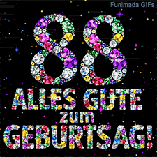 Dunkler Grund mit der aus farbigen Juwelen geformten Zahl 88 und dem Text Alles Gute zum Geburtstag, umrahmt von kleinen Glitzersternen.
