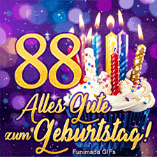 Der goldene Glückwunsch 'Alles Gute zum Geburtstag!' unter einer 88. Daneben ein Muffin mit brennenden Kerzen auf lila funkelndem Grund.