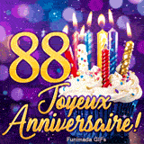 GIF d'anniversaire 88 ans avec le double 8 doré brillant, un cupcake gourmand et un arrière-plan lila féerique.