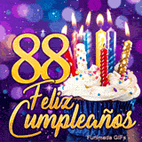 GIF de cumpleaños 88 años con el doble 8 dorado brillante, un cupcake dulce y trasfondo morado mágico.