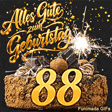 Alles Gute zum Geburtstag schwebt über einer Schokotorte mit der 88. Das schwarze Bild wird von einer Wunderkerze und fallenden Sternen erhellt.