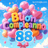 Il grande numero azzurro 88 attaccato a un gruppo massiccio di palloncini alla deriva. Le lettere a palloncino morbide compongono Buon Compleanno sotto un cielo nuvoloso.