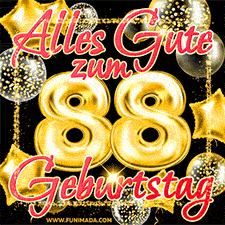 Glänzende goldene Ballons und ein quadratischer Glitzerrahmen: Animiertes GIF zum 88. Geburtstag mit der großen goldenen Zahl 88