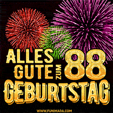 Ein dynamisches animiertes GIF mit buntem Feuerwerk und goldenen Zahlen, die den 88 Geburtstag hervorheben.