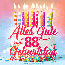 Geburtstags-GIF mit einem weißen Cremekuchen mit bunten Kerzen und Streuseln und den Worten 'Alles Gute zum 88. Geburtstag' in rosafarbenem Zierfisch.
