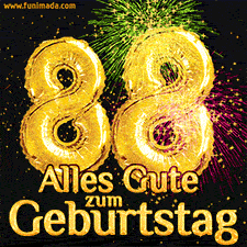 Große goldene Zahlen 88 auf schwarzem Hintergrund, die Worte 'Alles Gute zum Geburtstag' in goldener Schrift und ein spektakuläres Feuerwerk.