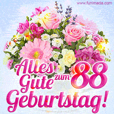 Ein zartes Geburtstags-GIF mit einem bunten Sommerblumenstrauß in einer weißen Teetasse und herzlichen Glückwünschen zum 88. Geburtstag.