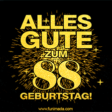Ein GIF zum88. Geburtstag mit goldener Schrift und Feuerwerk auf schwarzem Hintergrund.