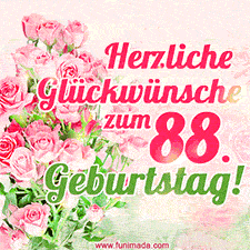 Ein elegantes Geburtstagsgeschenk für sie mit den Worten 'Herzlichen Glückwünsche zum 88. Geburtstag' und einem Strauß rosa Rosen.