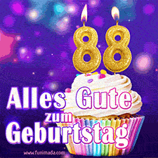 Ein glänzendes Geburtstags-GIF mit goldenen Kerzen mit der Zahl 88 auf einem weißen cremefarbenen Cupcake und dem Text 'Alles Gute zum Geburtstag'.