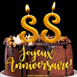 GIF animé pour un 88e anniversaire avec une élégante gâteau au chocolat, des bougies dorées formant le chiffre 88 et le texte 'Joyeux Anniversaire!' en écriture dorée.