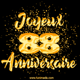 GIF animé joyeux anniversaire pour 88 ans avec des lettres dorées scintillantes et le chiffre 88 entouré de confettis dorés sur un fond noir.