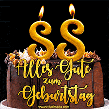 Animiertes GIF mit einer Schokoladen-Geburtstagstorte, großen goldenen Kerzen mit der Zahl 88 und einem dekorativen Text mit der Aufschrift 'Alles Gute zum Geburtstag'.