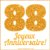 GIF animé joyeux anniversaire pour 88 ans avec un chiffre 88 brillant en or et le texte 'Joyeux Anniversaire!' en écriture élégante sur un fond blanc.