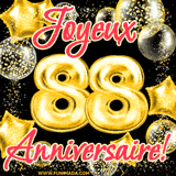 GIF animé pour un 88e anniversaire avec des ballons dorés en forme de 88, entourés de ballons scintillants et du texte 'Joyeux Anniversaire!' en écriture élégante.