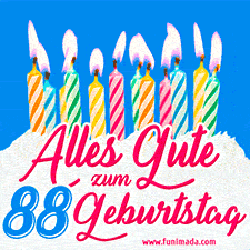 Ein buntes Geburtstags-GIF mit strahlenden Kerzen auf einer festlichen Torte zur Feier des 88.