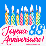 GIF animé joyeux anniversaire pour 88 ans avec des bougies colorées allumées, un fond bleu vif et le texte 'Joyeux Anniversaire 88!' en écriture élégante.