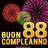 Animazione di fuochi d'artificio colorati con il numero 88 in oro brillante e la scritta 'Buon Compleanno' su uno sfondo nero festivo ed elegante.