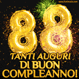 Palloncini dorati a forma del numero 88, accompagnati da scintille e fuochi d'artificio su sfondo nero, con il messaggio 'Tanti auguri di Buon Compleanno!'.