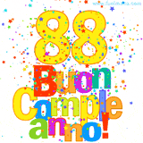 Animazione con il numero 88 in giallo e scritte multicolore 'Buon Compleanno!', accompagnate da una pioggia di stelle e coriandoli colorati.