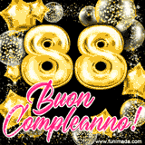 Animazione con palloncini dorati a forma del numero 88, circondati da decorazioni scintillanti e la scritta 'Buon Compleanno!' in caratteri rosa accattivanti.