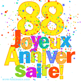 GIF animé pour un 88e anniversaire avec le chiffre 88 en couleurs vives, le texte 'Joyeux Anniversaire!' et une explosion de confettis multicolores.